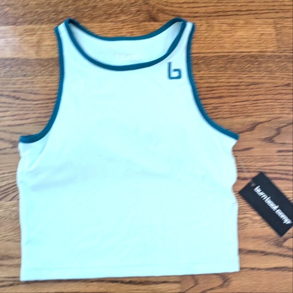 NWT Burn Boot Camp Crop Top Tank Built In Shelf Bra Padded Workout Gym Mint Teal